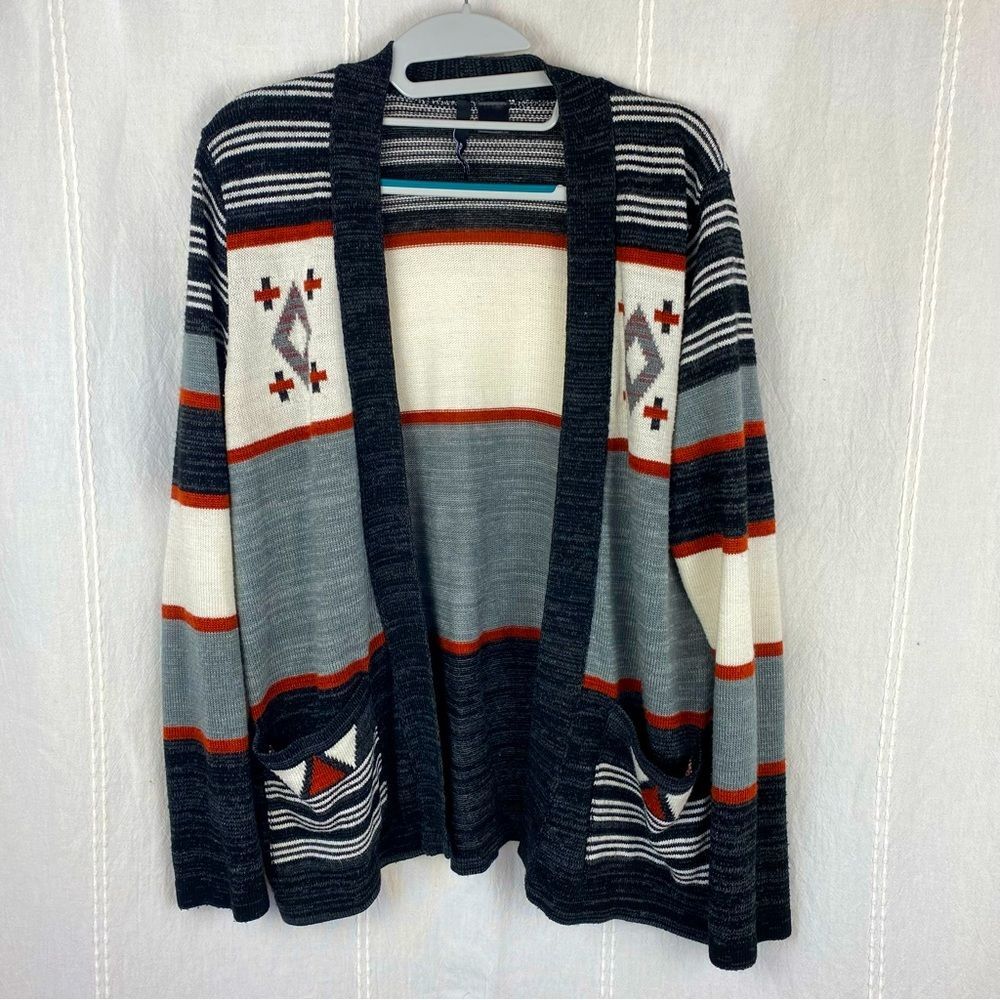 O’NEILL Open Front Aztec Gray & Cream‎ Cardigan Sweater Size Large